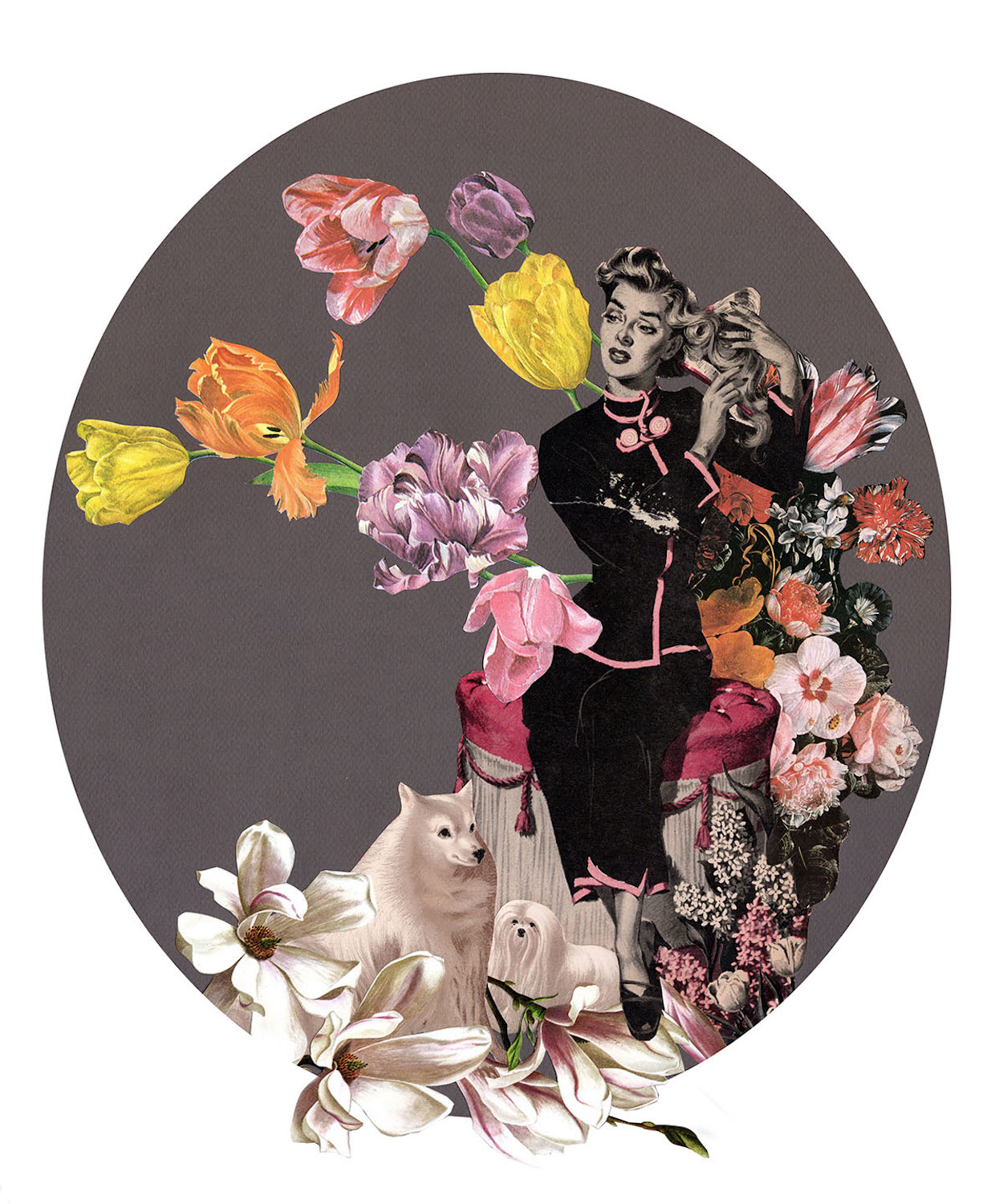 Women surrounded by flowers and her fancy dogs at her feet