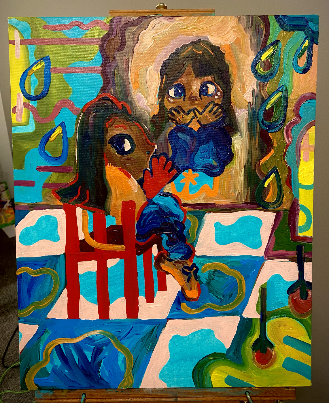 A person sits in a chair looking into a large arched mirror. Reflected in the mirror is a smaller curled up figure. The room has a tiled floor, and drops of rain are skattered throughout the scene.
