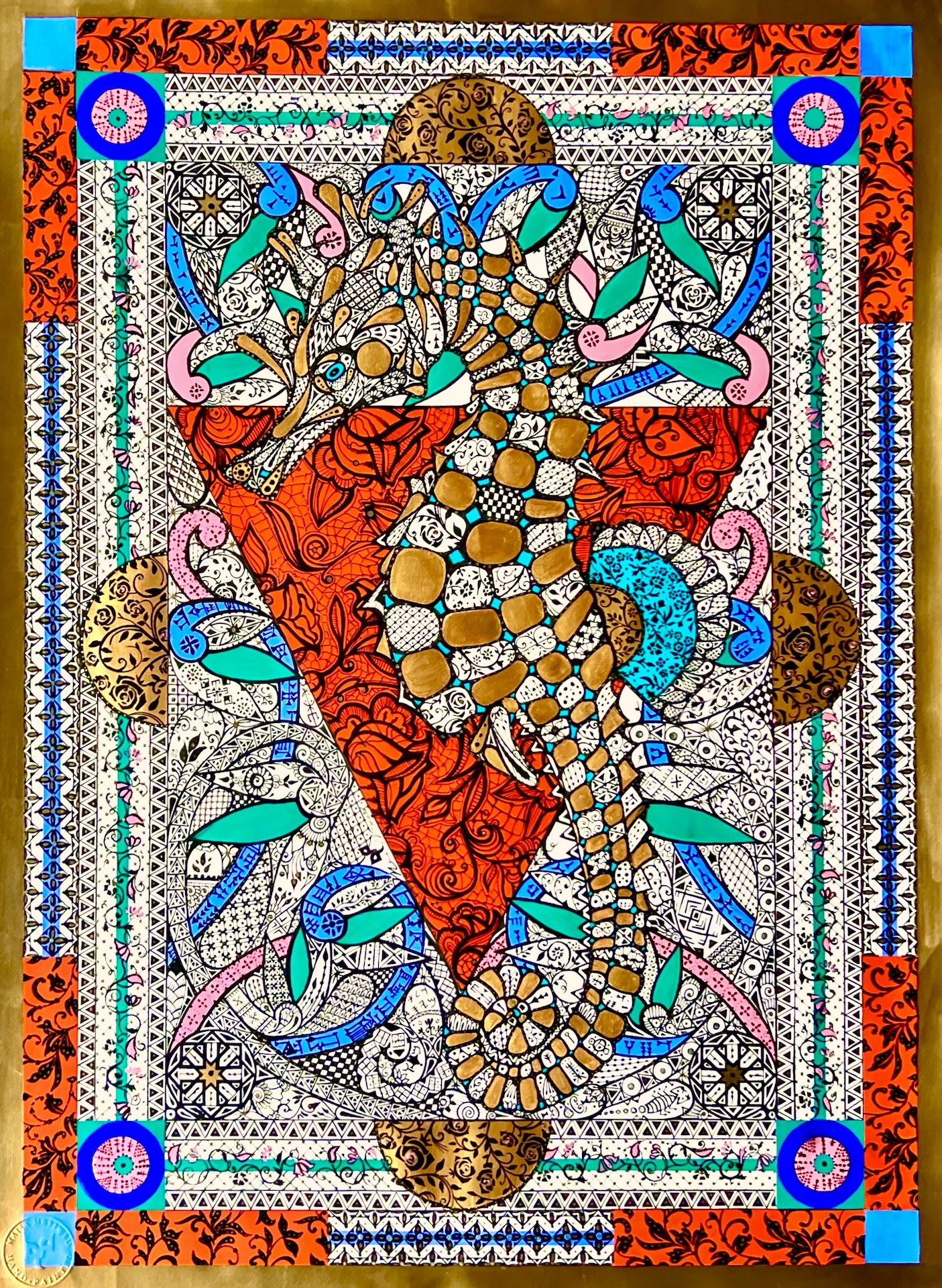 A vibrant painting featuring a seahorse surrounded by colorful abstract patterns. 