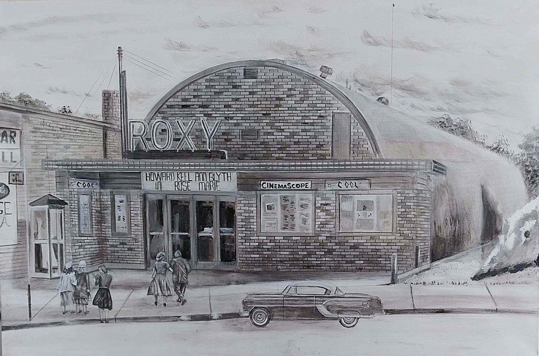 Old Movie theatre with vintage car and moviegoers.