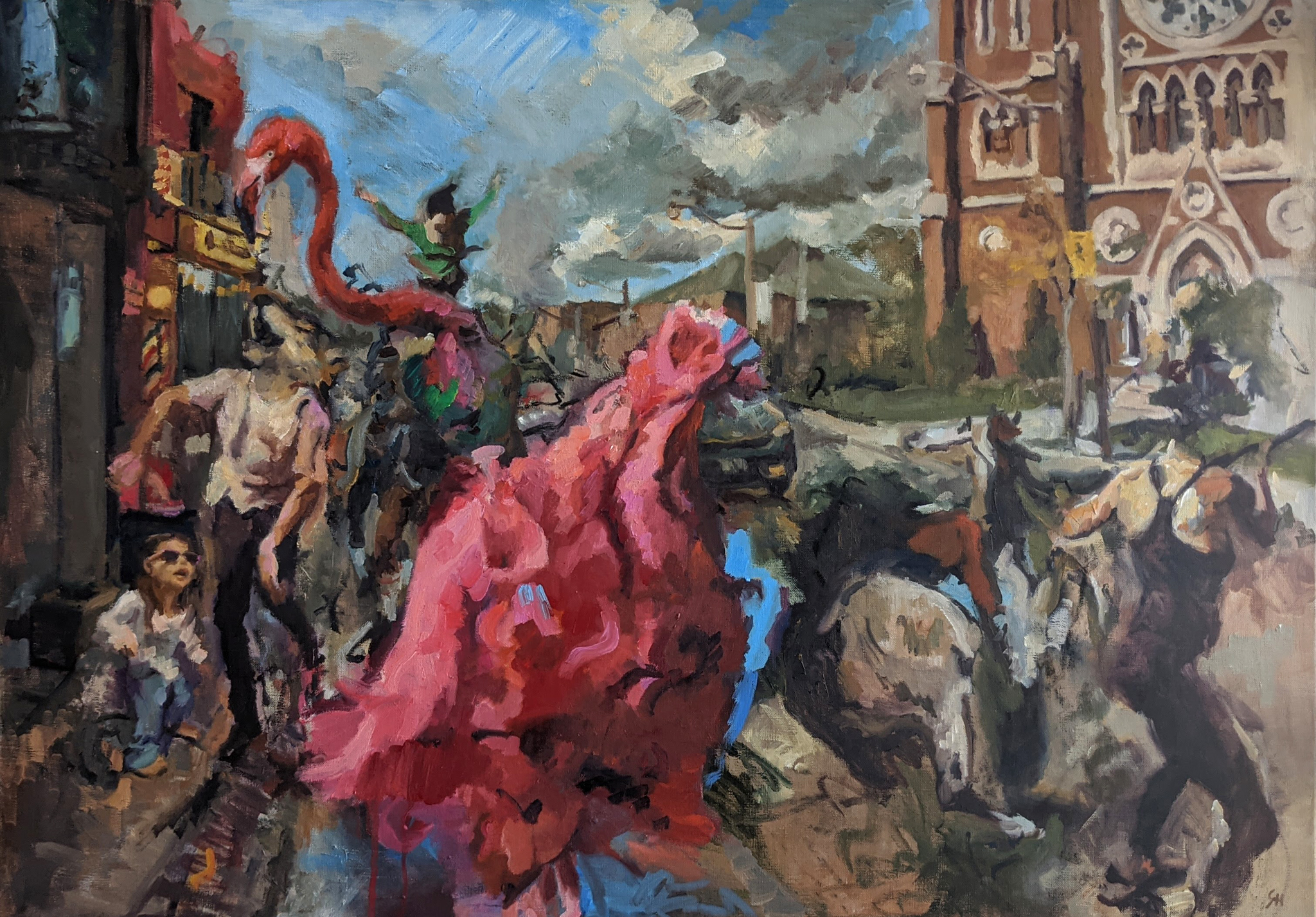 A Toronto street scene of a flamingo dancer, people dancing and a woman about to attach a horse. 