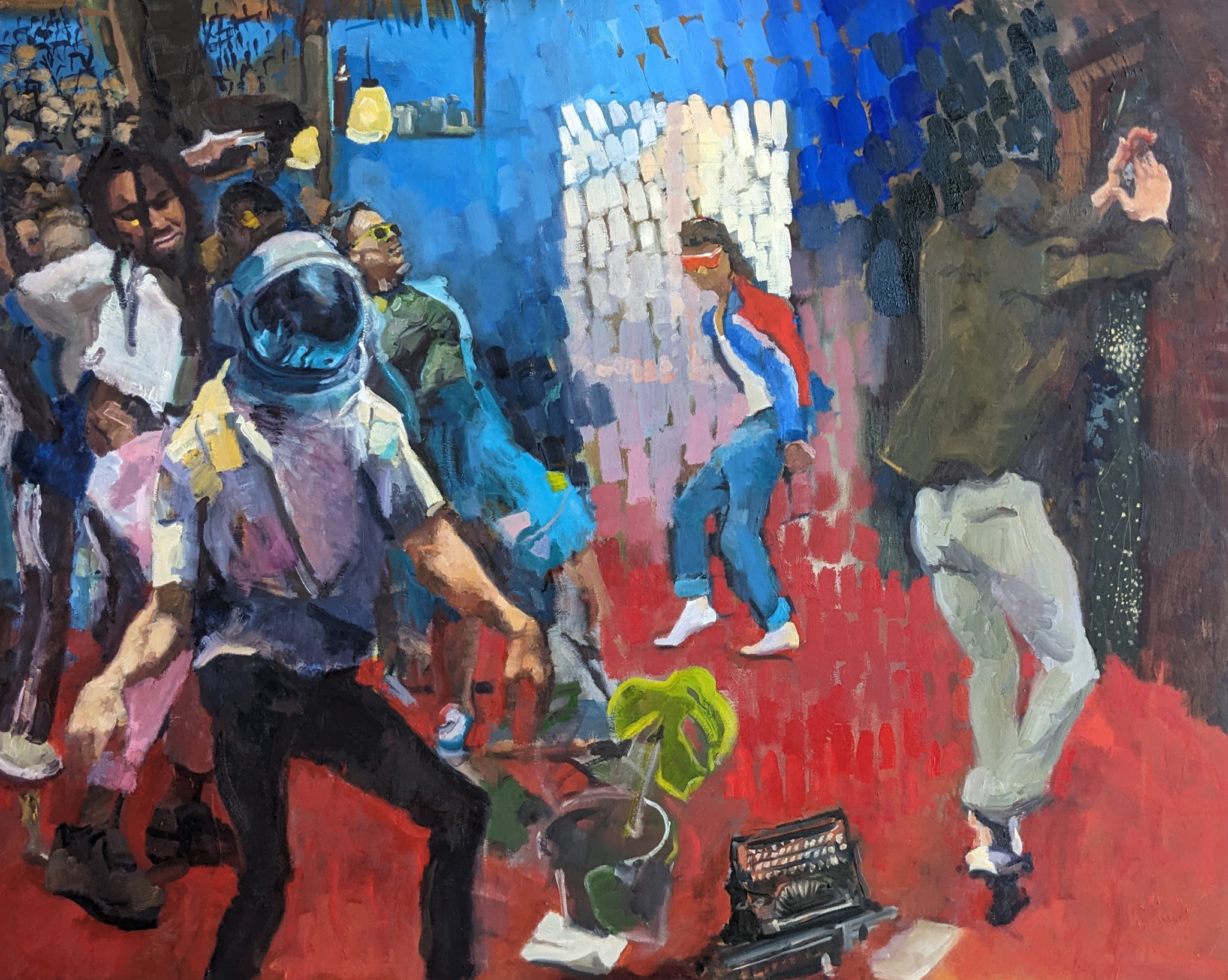 An astronaut man and dancing figures dancing with a typewriter and plant on the floor of a bar