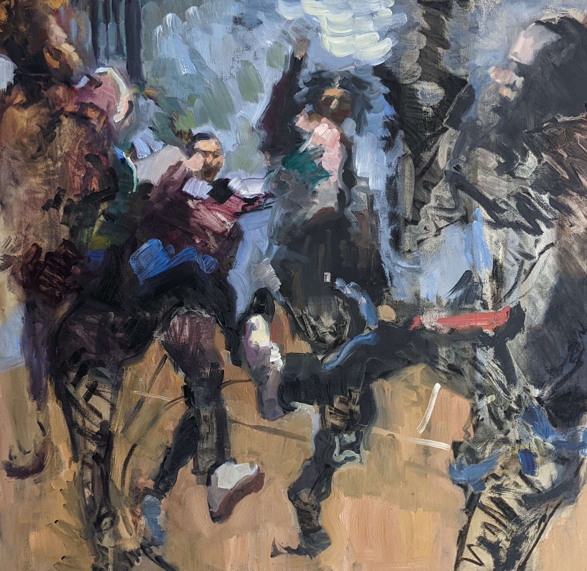 Four figures dancing on a court