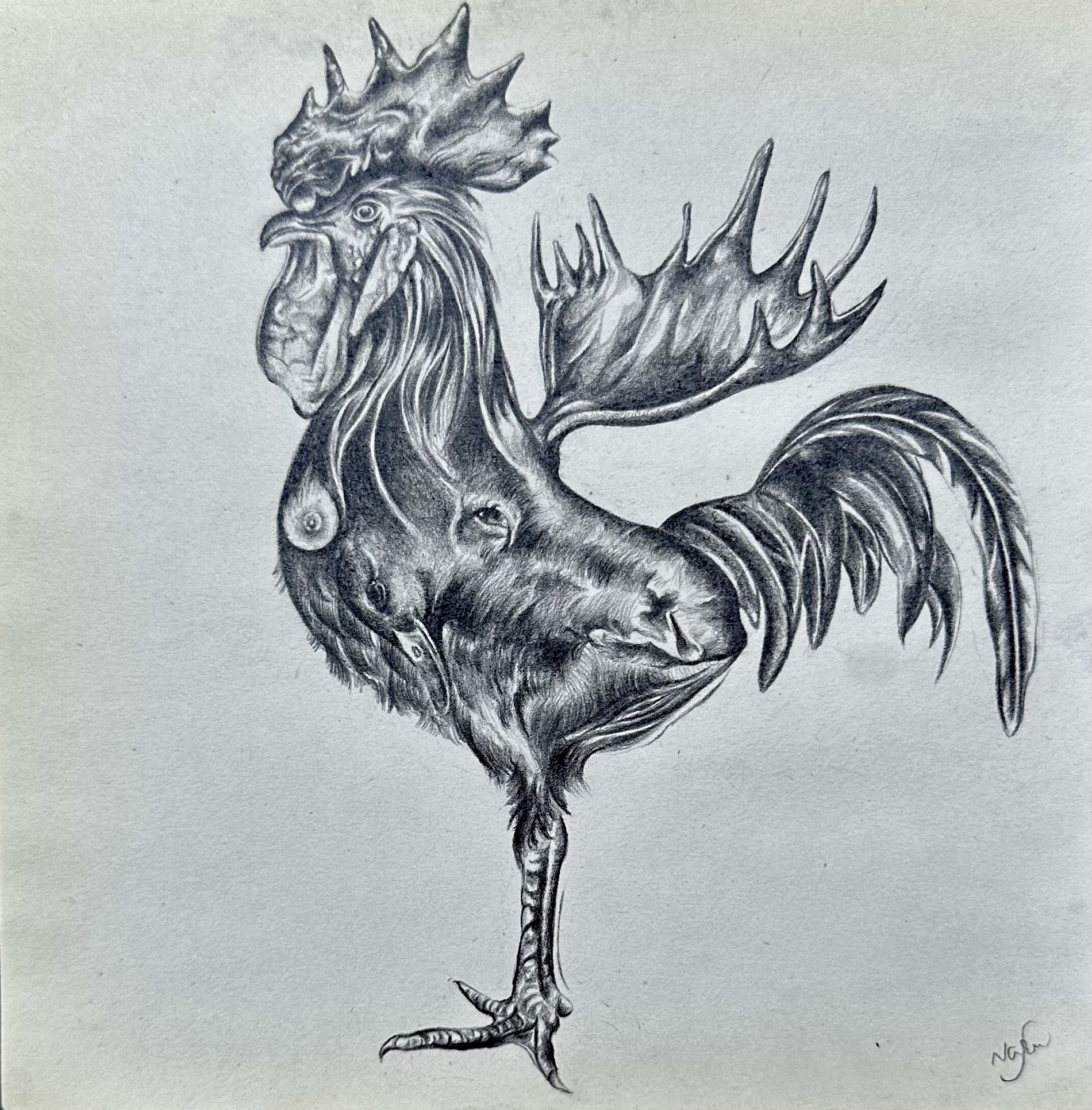 Drawing with black pencil on 8 by 8-inch paper — a combination of various animals that subtly conceal the sexual aspects of human life.