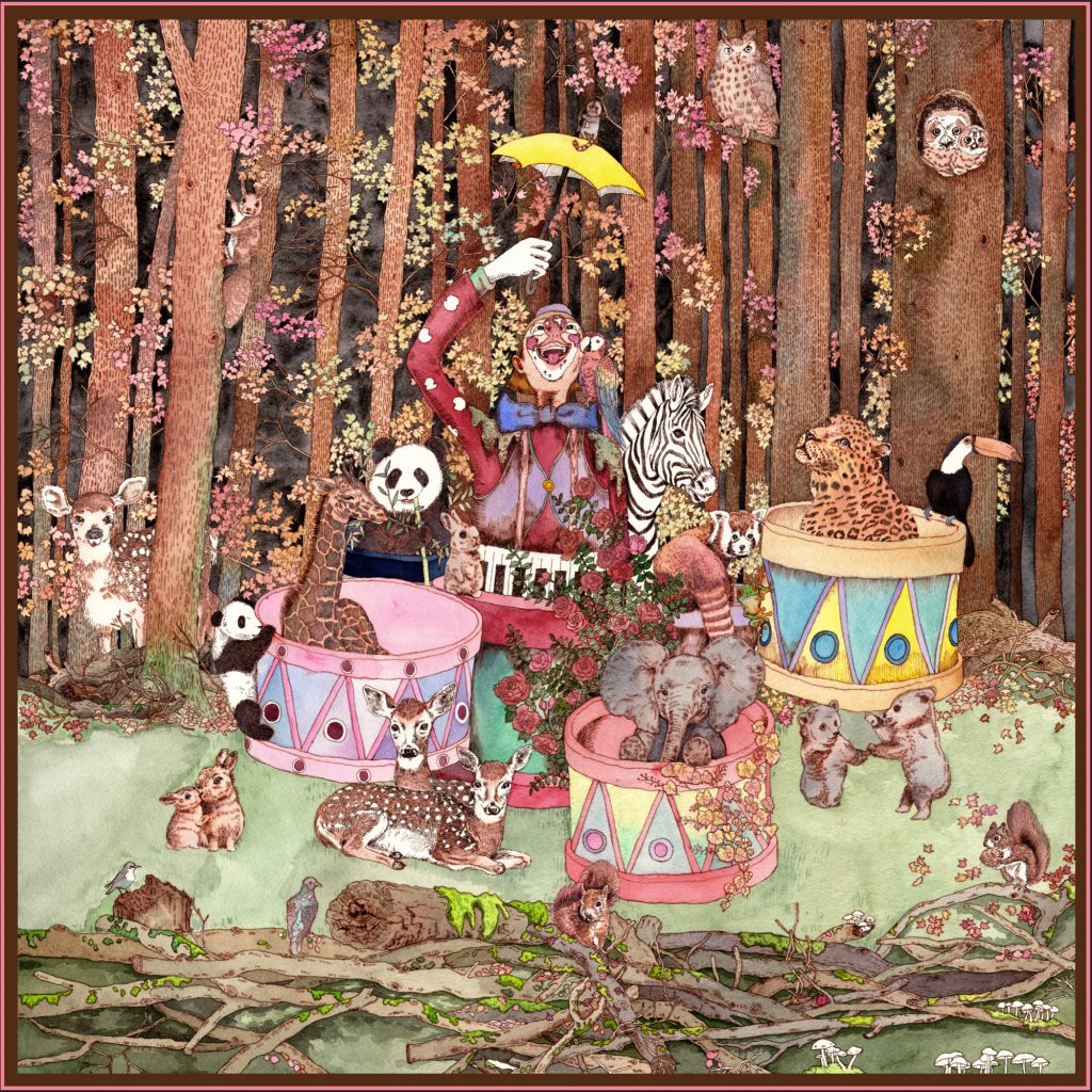Mulberry Silk Scarf, Heavyweight, Double-sided, Hand-painted Pattern by Wenzi, "The Forest Circus"