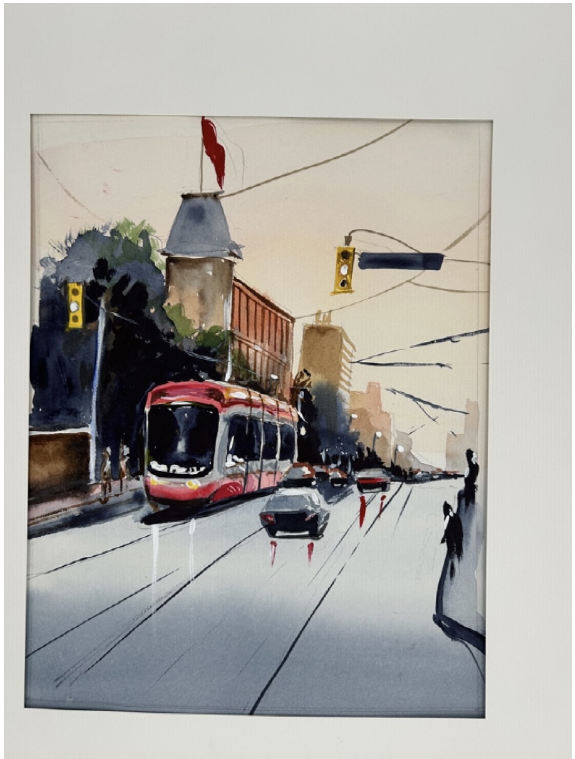 A watercolour of a Toronto street car 