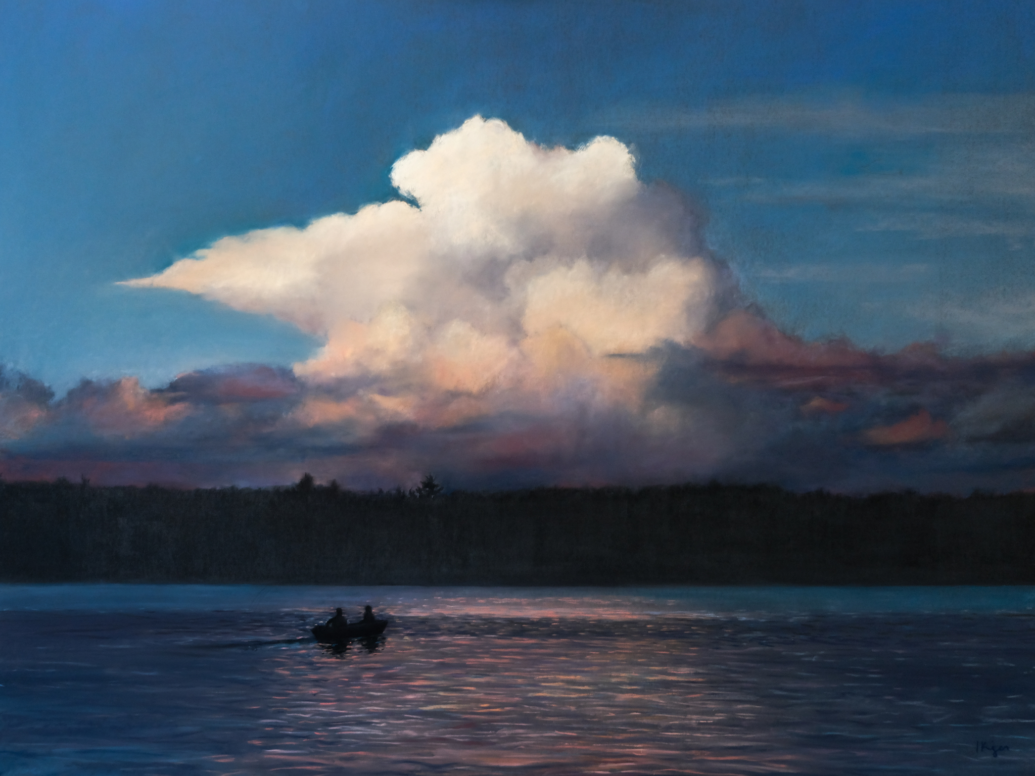 Giant storm clouds illuminated at sunset with a silhouetted boat in the foreground. Soft pastel drawing on paper.