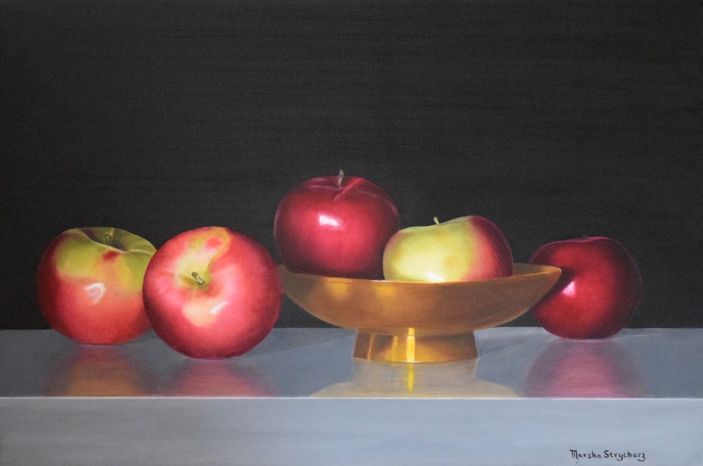 Five Mac Apples And Brass Dish