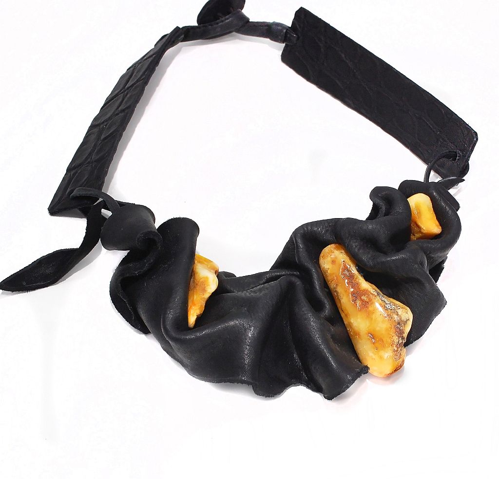 Amber Necklace with Boiled Leather