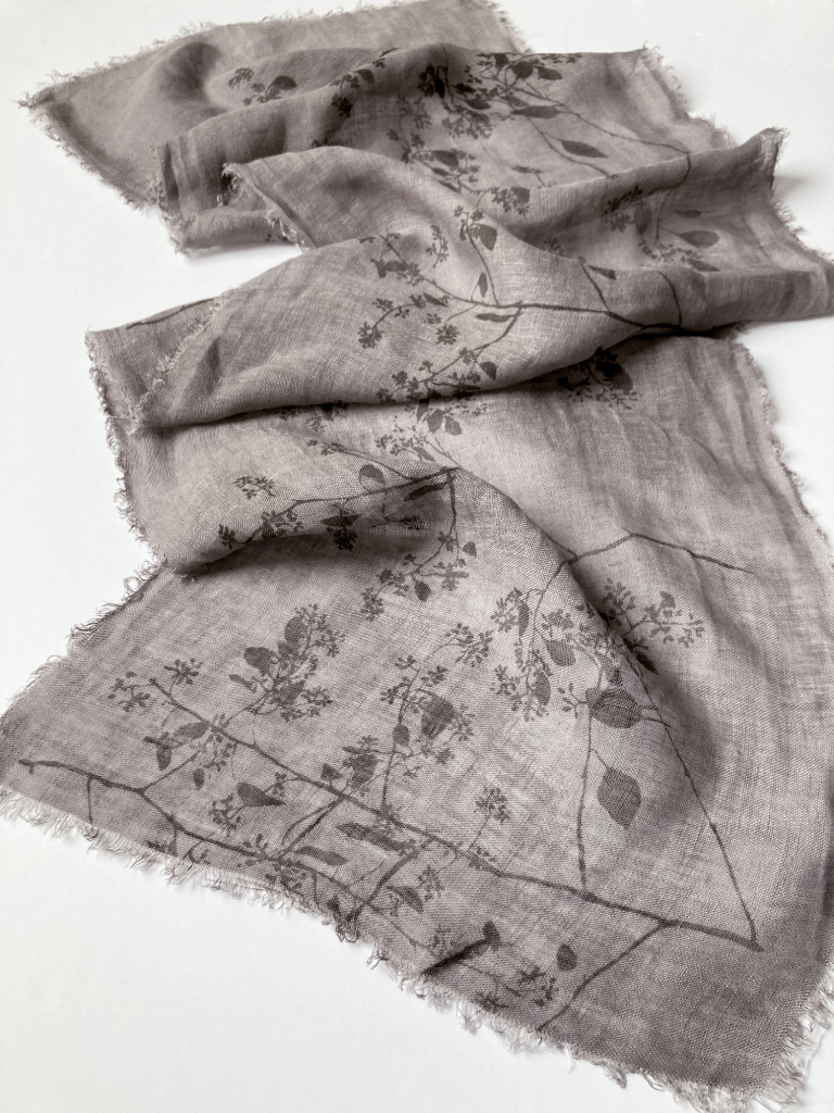 hand dyed linen scarf with eucalyptus print