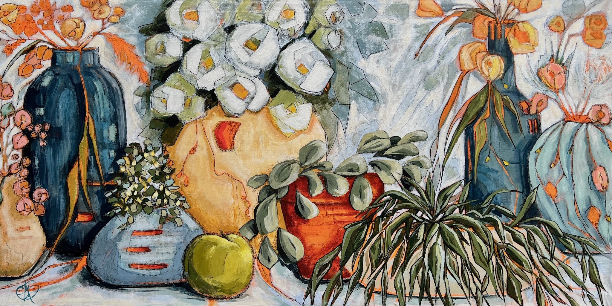 Contemporary still life painting featuring deep blue ceramic vases, white and pale green geometric flowers, trailing houseplants, orange botanical stems, and a single green apple arranged across a tabletop. Warm terracotta, coral, sage, and cobalt tones contrast against a soft atmospheric background. Expressive linework and layered mixed media textures create movement and depth, blending detailed botanical forms with abstract elements for a vibrant, modern composition.