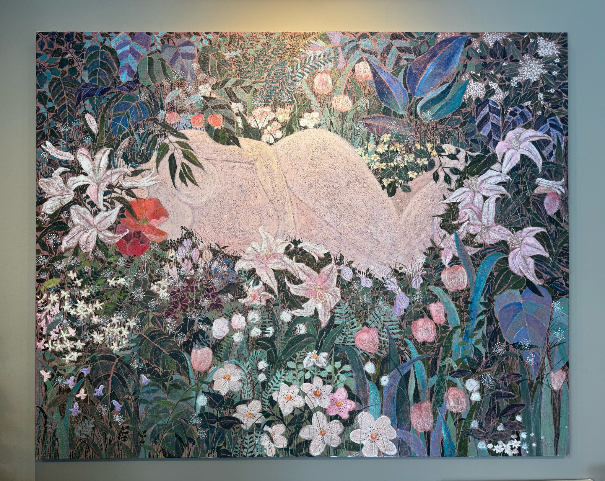 A pregnant figure lying among dense flowers and plants, surrounded by detailed, colorful natural elements.