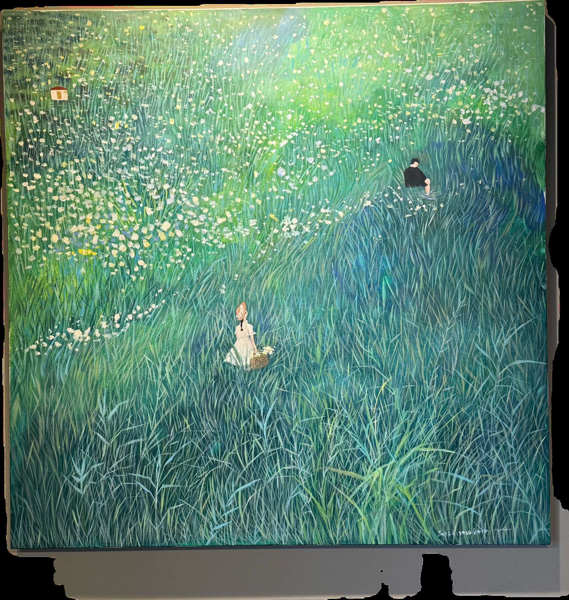 A green field filled with tall grass and small flowers, with a seated figure in black and a girl in white, creating a quiet and layered spring scene.