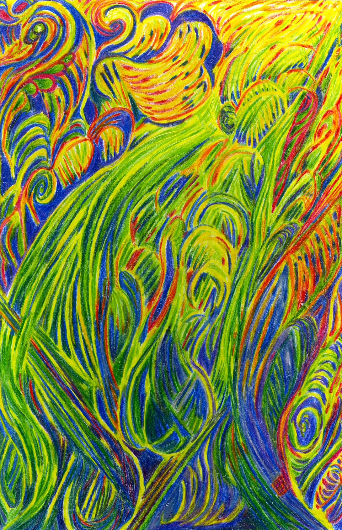 An abstract image of various swirls of colour. The image starts dark blue around the bottom with long streches of green that curve towards a brighter yellow top. There are elements of red spread throughout the image. 