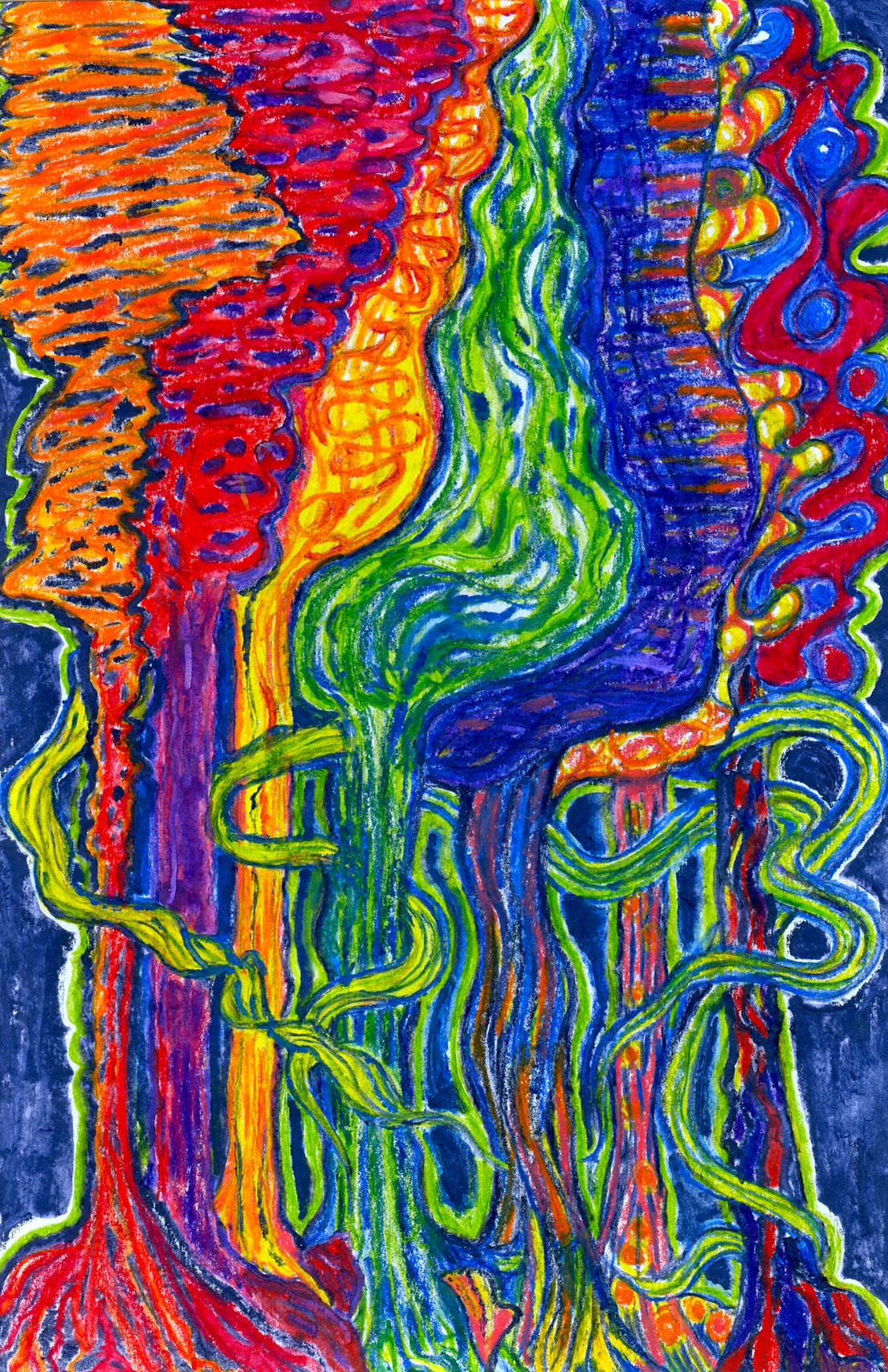 An abstract image of different columns of colour that are mingled together. The columns of colour are ambiguous with a wide overlapping bottom, narrowing at the centre and then flowing more widely near the top. The shape is reminiscent of trees. There is also an organic green stream that weaves in and out of the narrow parts of the trunks. 