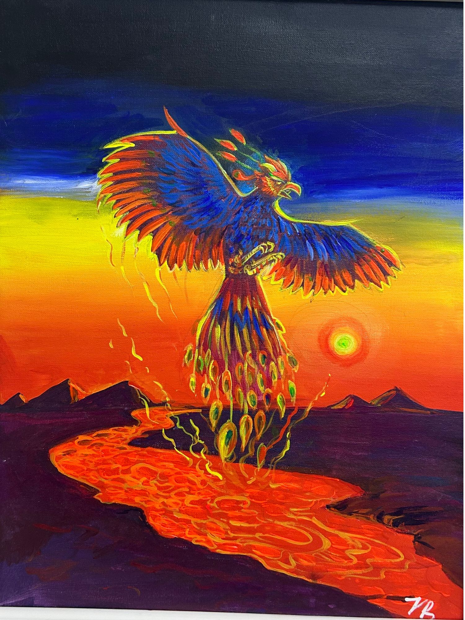 A blue, red, and yellow Phoenix emerges from a smoking river of lava. In the background is a mountain range, and the whole picture is illuminated by a glowing sunrise. 