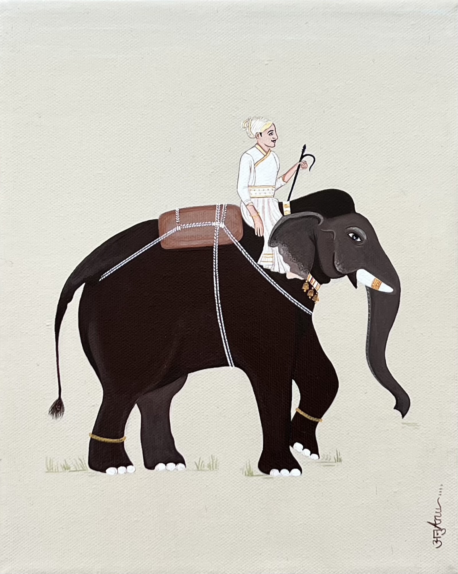 Set against a serene buff background in warm shades of brown, this painting captures the quiet bond between an Indian elephant and his mahout. Dressed in flowing white, the mahout moves gently alongside his companion, the two appearing in perfect unison. The calm palette and graceful composition evoke harmony, trust, and timeless companionship.