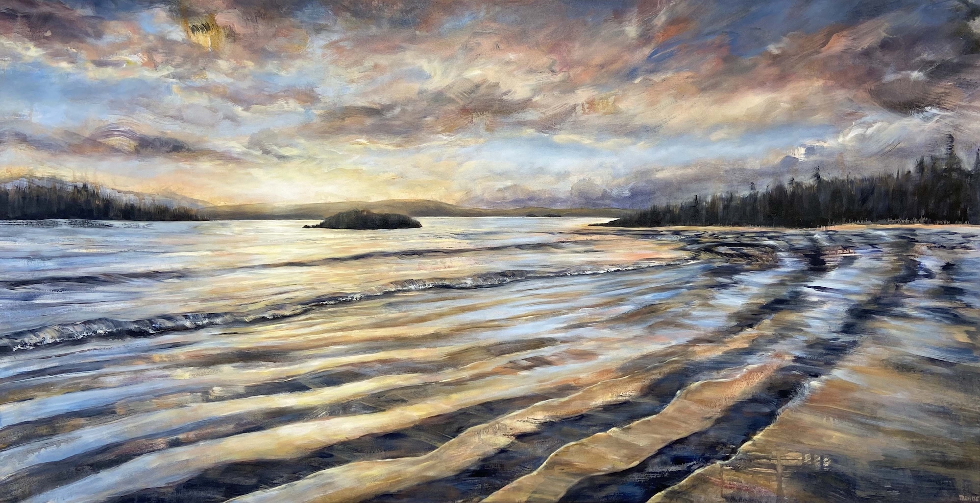 Oil painting of a tidal coastline at sunset with golden light reflecting across rippled water and a distant island on the horizon.