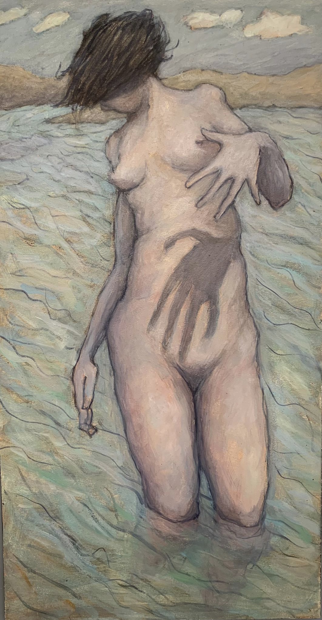 A contemporary oil painting of a nude female in moving blue waves. Her face is hidden by her wind swept hair . There is a large shadow of her hand which contrasts to the serenity of the scene.