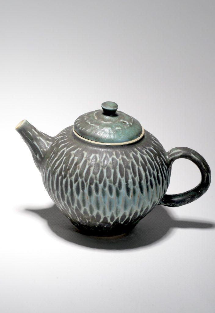 Carved Teapot in Smoky Turquoise Glaze