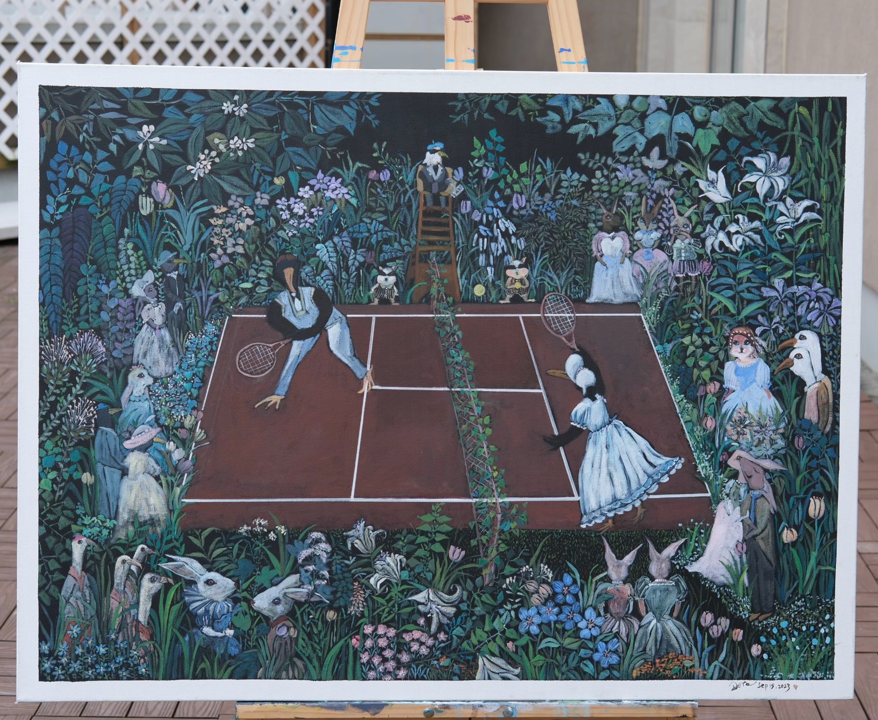 A tennis court set within dense plants and flowers, with animal-like figures playing tennis and others watching from the sides in a detailed garden setting.