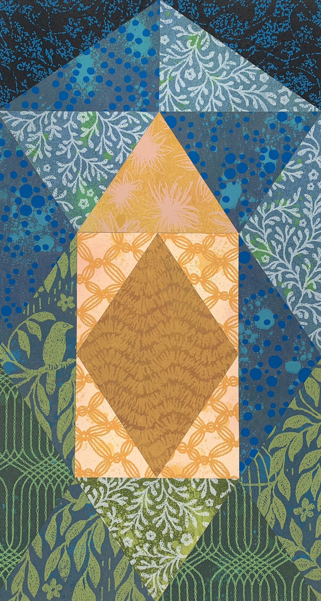A geometric composition of screen-printed Stonehenge papers embellished with soft pastel and acrylic inks mounted on heavy watercolour paper.  Imagery includes greenery, flowers, stars, birds and dots.  This piece completes the triptych of Our Forever Home and Inner Peace.  Days of Grass is the name of a post-apocalyptic science fiction novel by Tanith Lee.  Here it evokes the optimism of summer, even when all else (the planet / your mind) is failing.