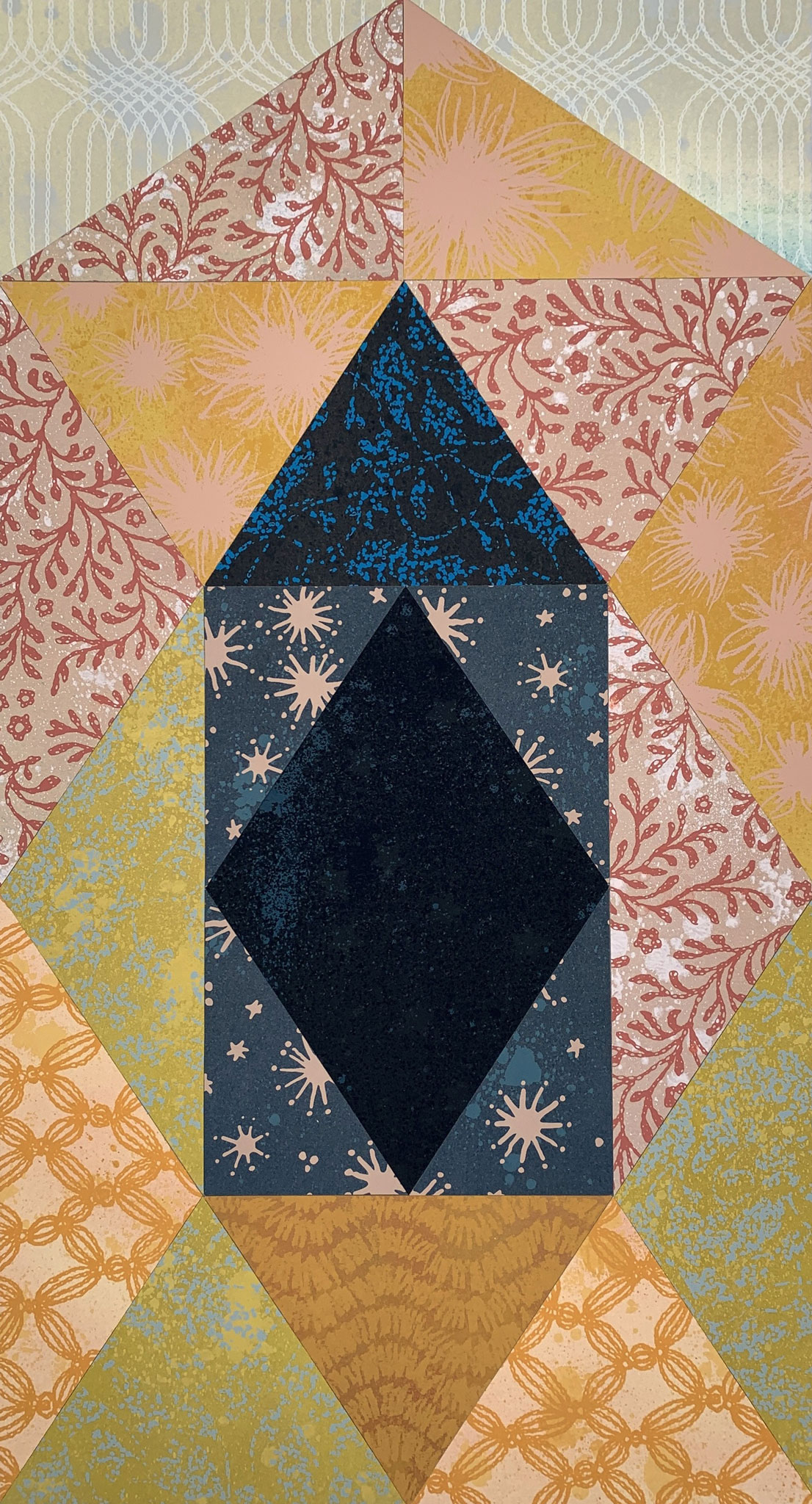 A geometric composition of screen-printed Stonehenge papers embellished with soft pastel and acrylic inks mounted on heavy watercolour paper.  Imagery includes greenery, flowers, stars and dots.  Reminiscent of quilting and other textile works, this piece depicts our consciousness, at home in the shelter of our brain and body.  The firing of synapses is like the glimmering of stars in the night sky.