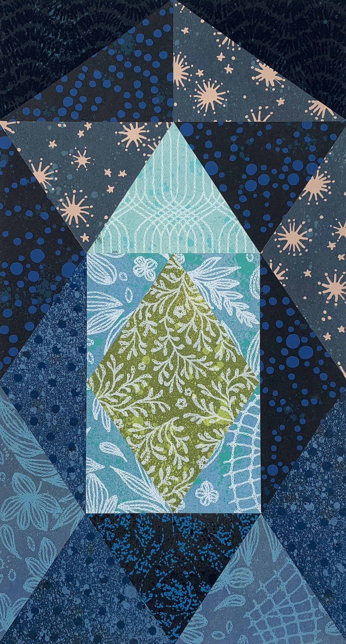 A geometric composition of screen-printed Stonehenge papers embellished with soft pastel and acrylic inks mounted on heavy watercolour paper.  Imagery includes greenery, flowers, stars and dots.  Reminiscent of quilting and other textile works, this piece depicts the planet earth, our “forever home” as seen from space.