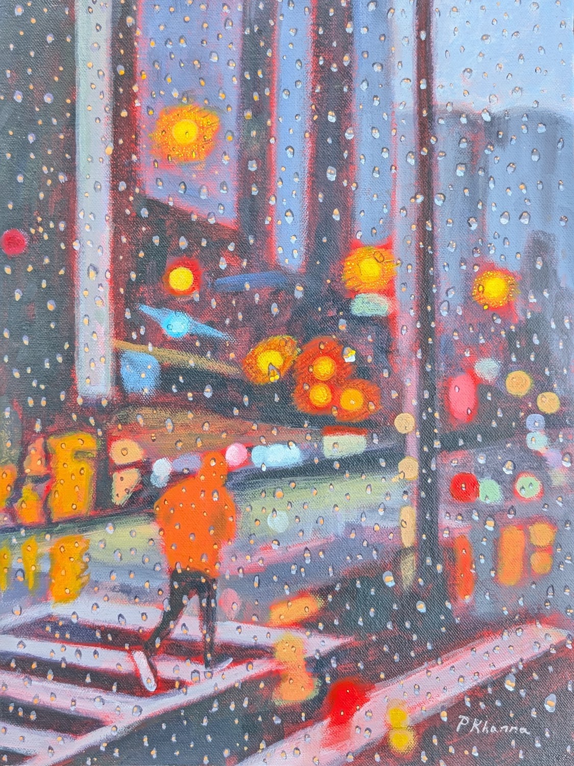 A pedestrian runs across a busy downtown street as the city lights shine on the pavement in the rain. 