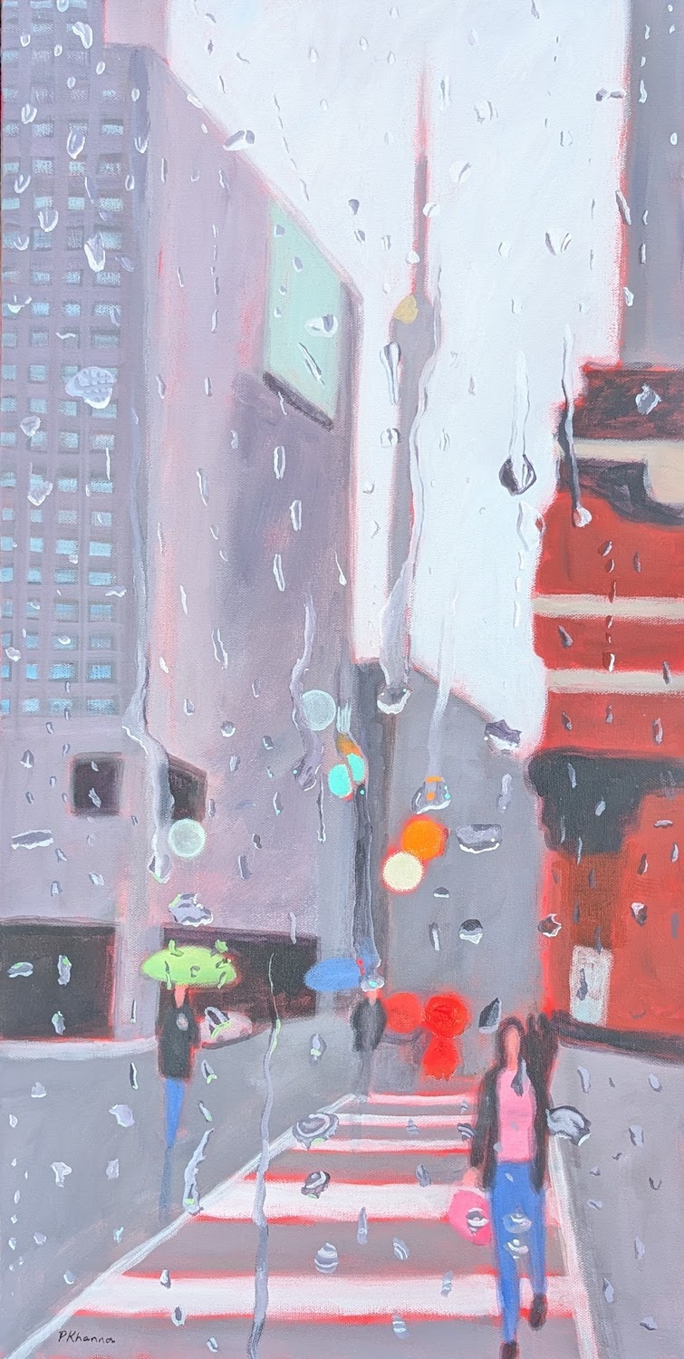 Pedestrians go about their business during a storm in Toronto with the CN Tower behind them.