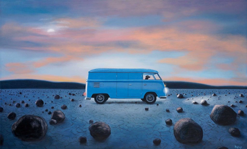 VW Bus with Dog and Evening Sky