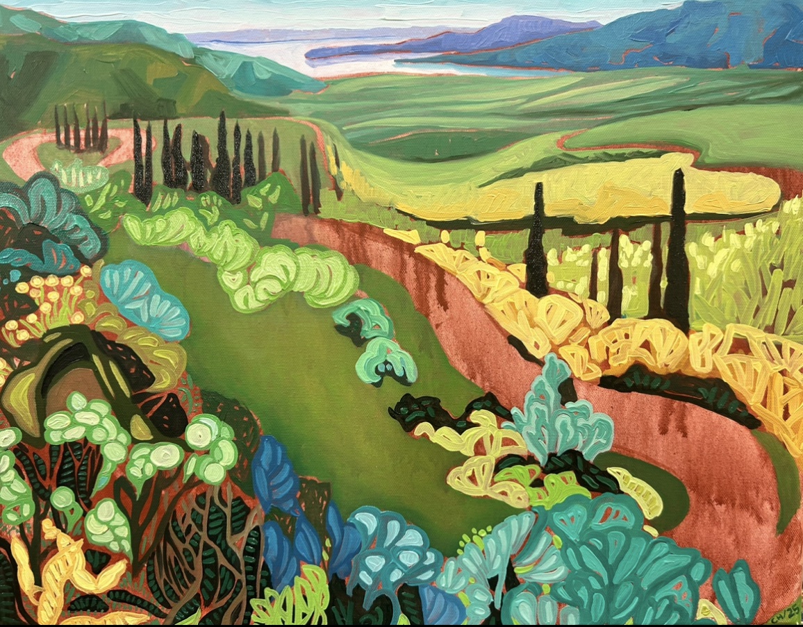 Dark vertical cypress trees break lines of yellow and green fields from high on a hillside overlooking the sea