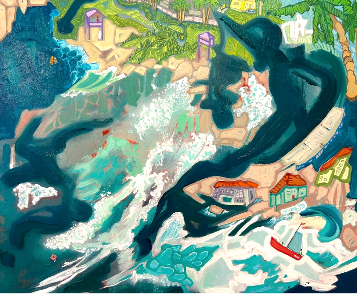 Vivid patterns and brushstrokes depict a rough sea beating against a coast with small, comically misshapen houses