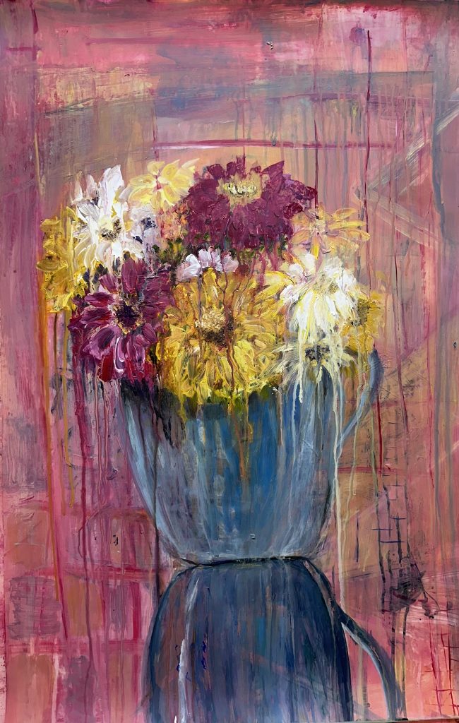 Zinnias in Blue Mug