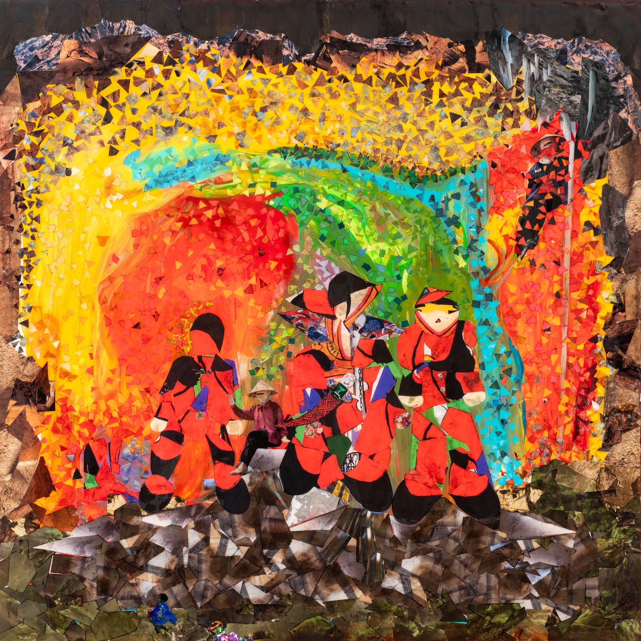 Mixed media collage abstract samurai ninjas