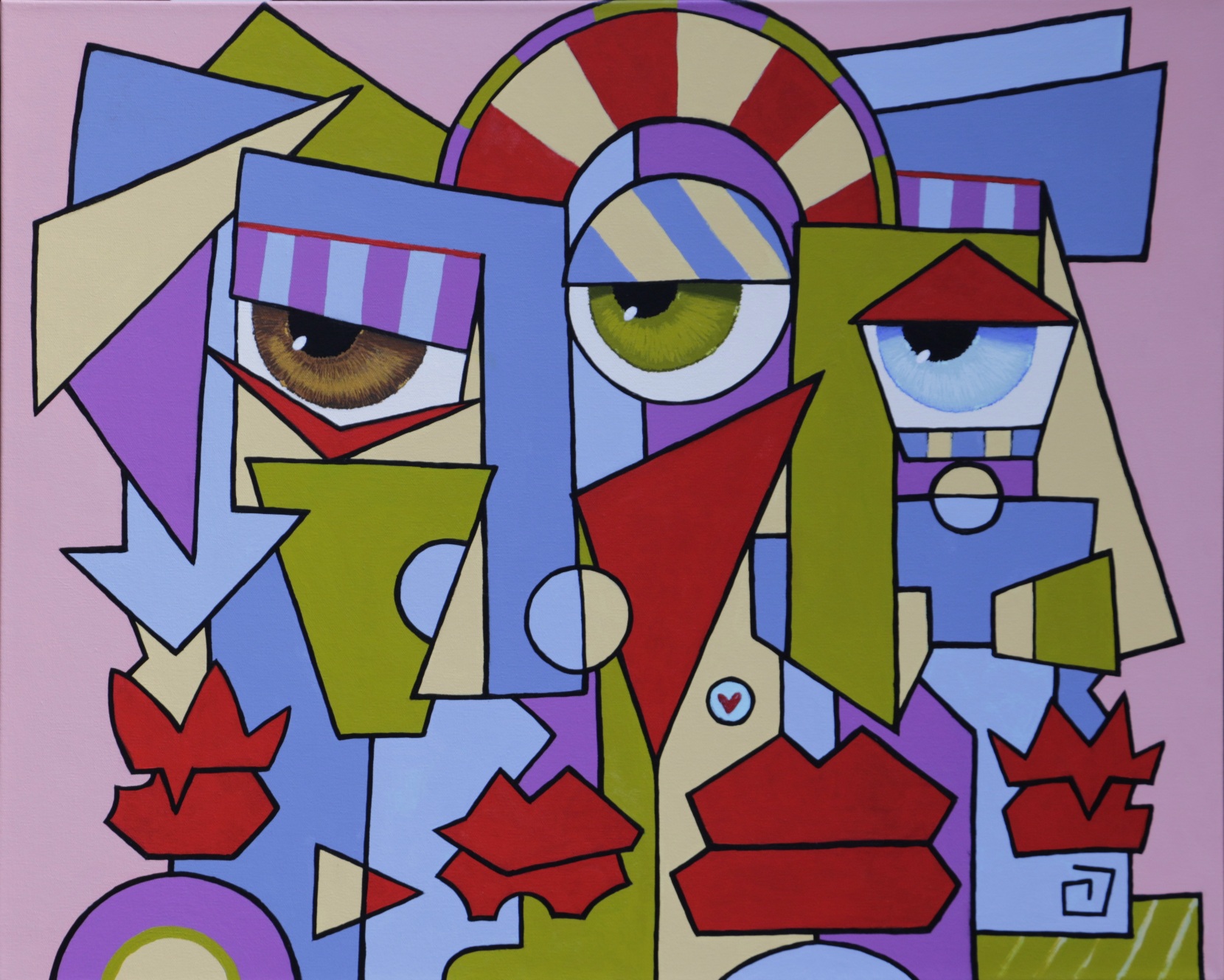 colourful faces, geometric shapes, realistic eyes