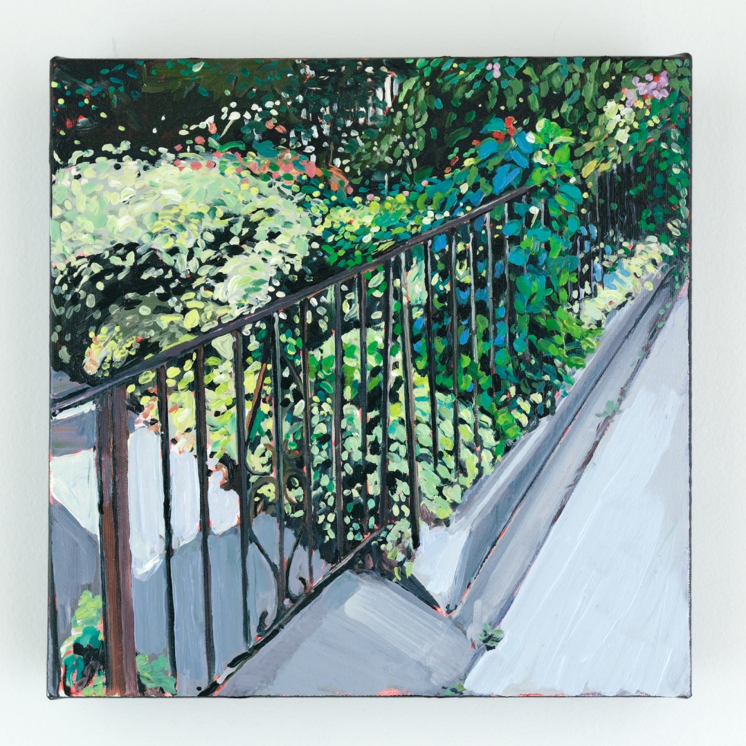 Oil painting looking down at a small lush garden behind a wrought iron fence, with varied leaves and flower buds. 