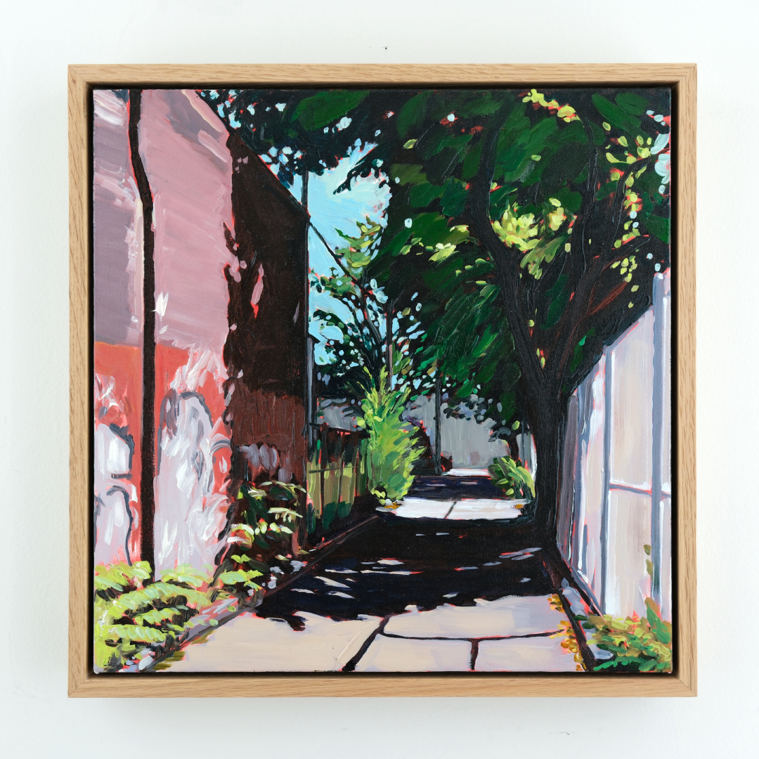 Oil painting of a dark tree casting a shadow across a laneway and up a wall, with turquoise sky and bright foliage beyond.