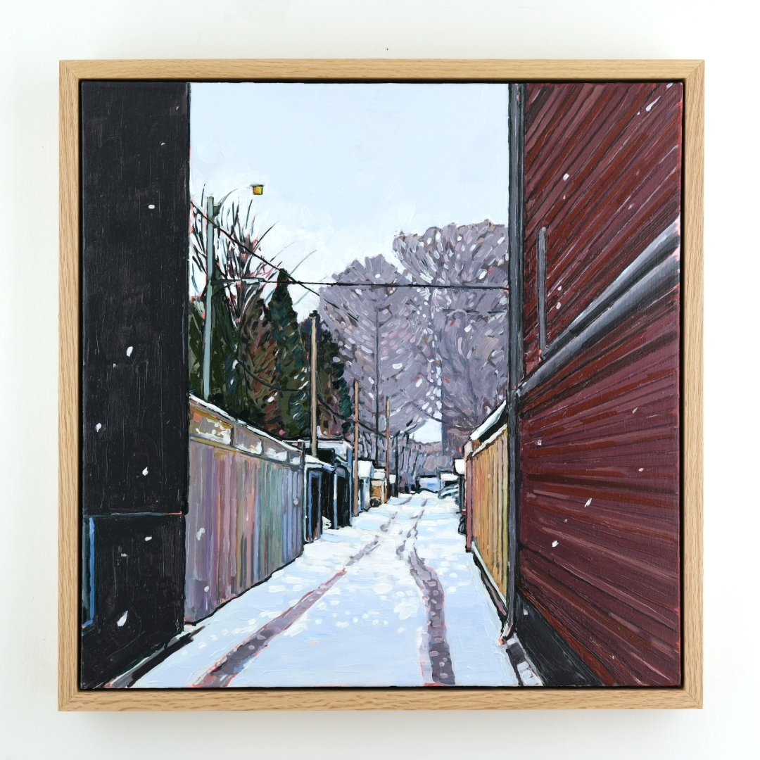 Oil painting of a snowy laneway opening between two tall walls, with tire tracks leading toward bare distant trees.