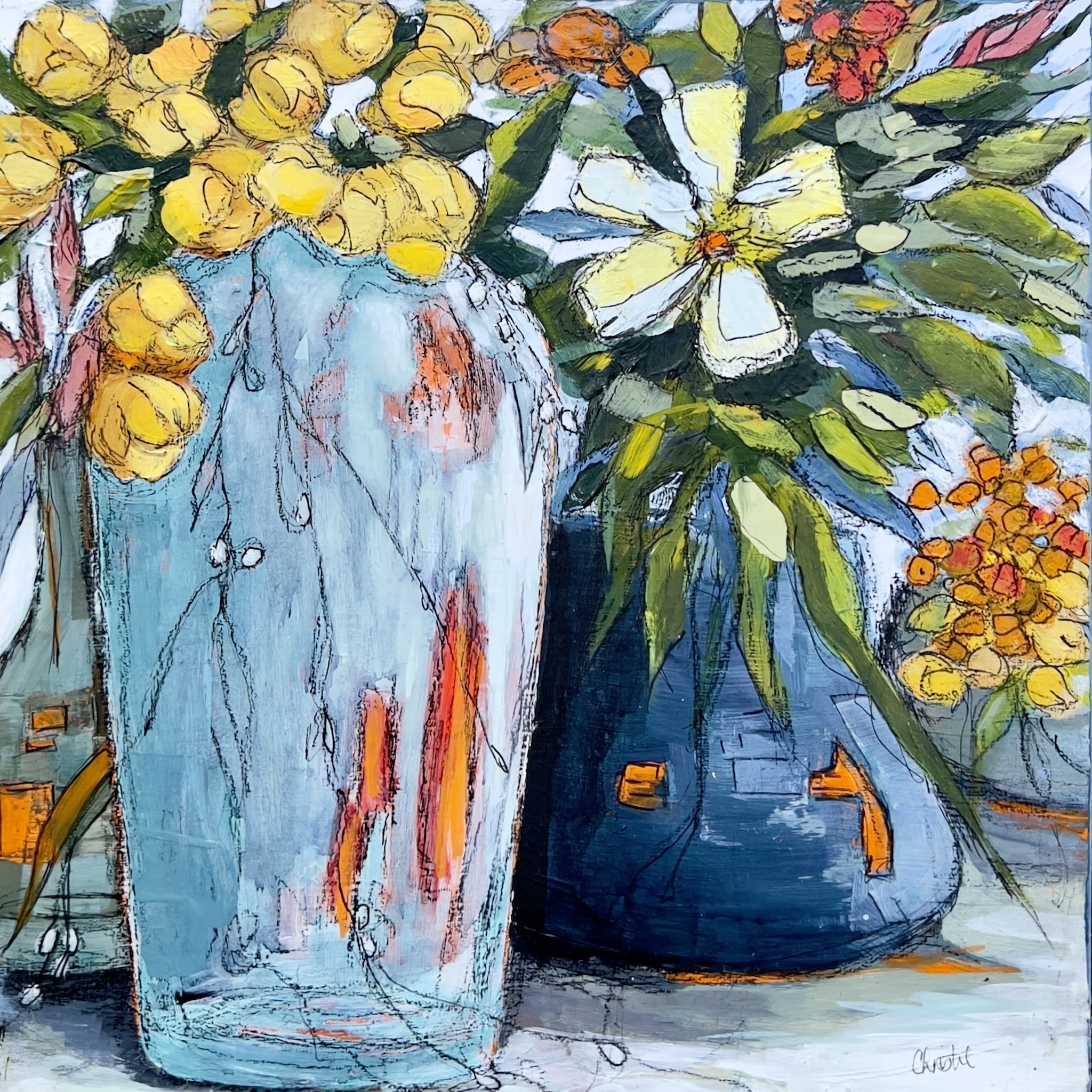 Square still life painting featuring two blue ceramic vessels filled with abundant yellow and white flowers. Expressive brushwork, layered textures, and loose linework create a vibrant composition with deep green foliage and bright orange accents against a light background.