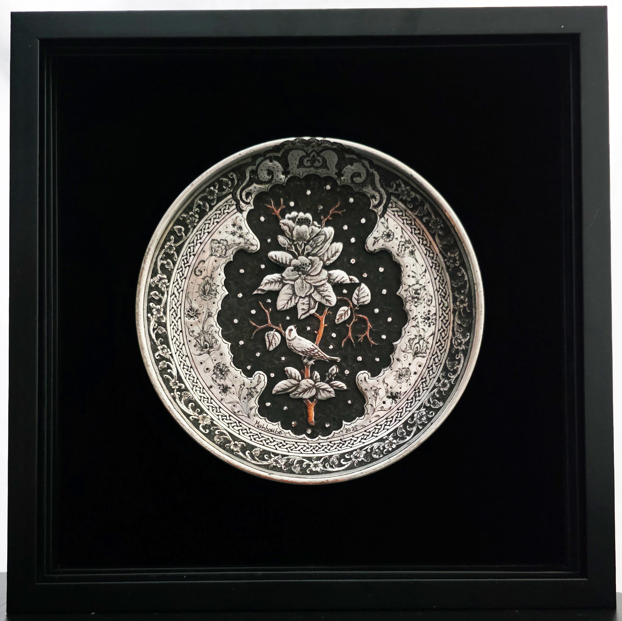 Hand-engraved tinned copper plate depicting a traditional Persian Gol-o-Morgh (Bird and Flower) motif with illumination
