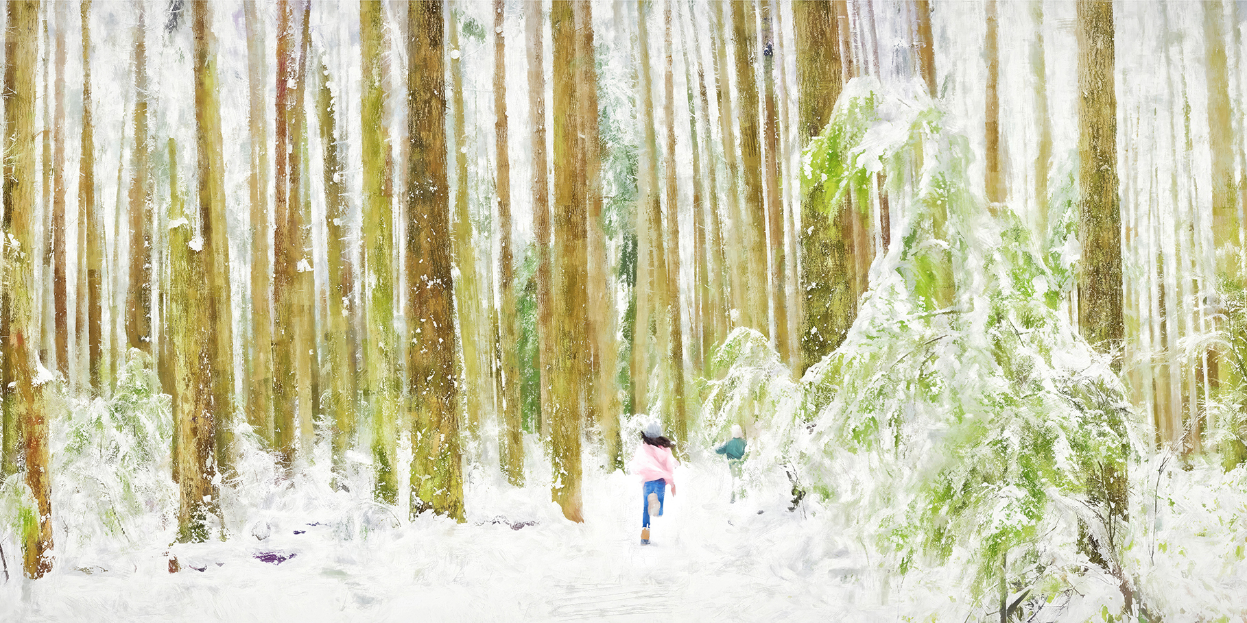 Two children walking through a snowy forest, one leading the other along a tree-lined path.