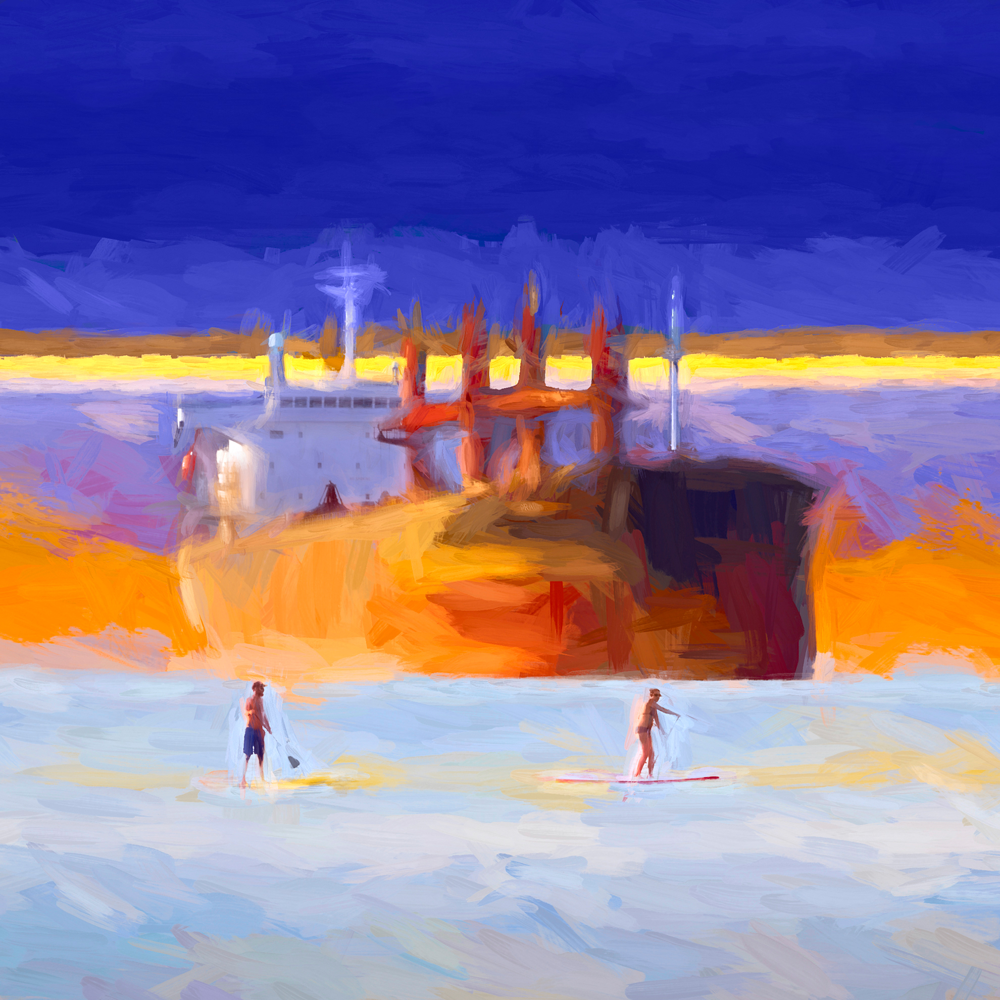Two people on paddleboards on calm water with a cargo ship glowing in golden evening light and mountains behind them.