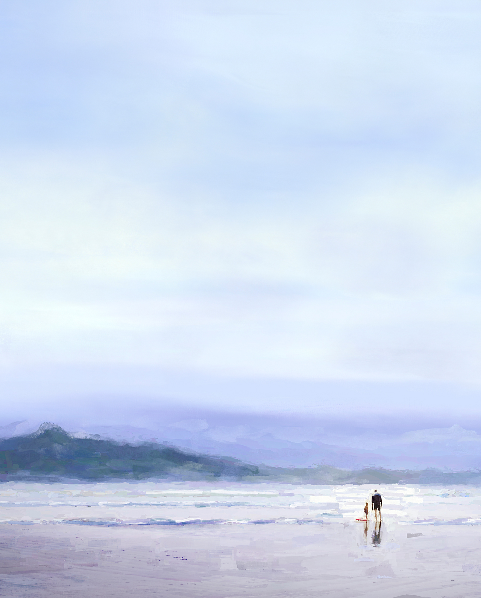 A father and young son standing at the Tofino shoreline, the child holding a red boogie board, vast blue and mauve sky with misty mountains barely visible behind them.