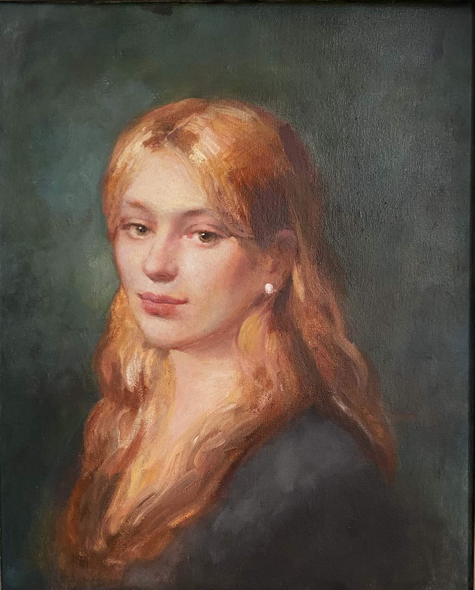 Woman light red hair blue green background looking over shoulder directly at viewer. Bright colours bold brushstrokes serene expression. Oil painting Venetian technique.  