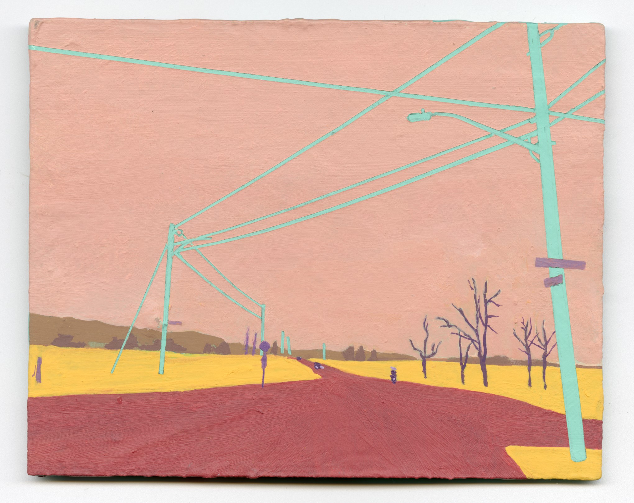 Cyan powerlines at a red intersection