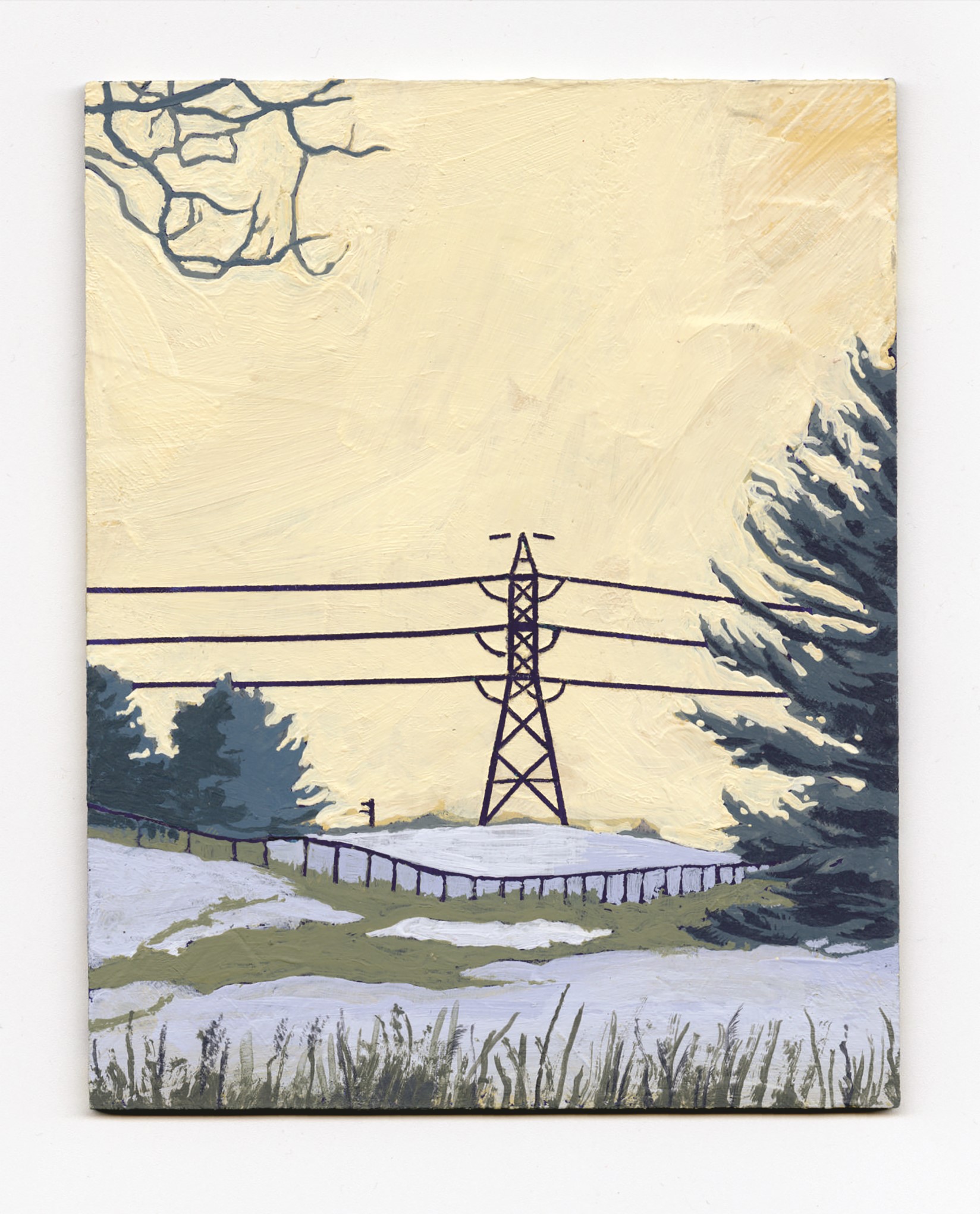 a power tower in a wintry landscape with yellow sky