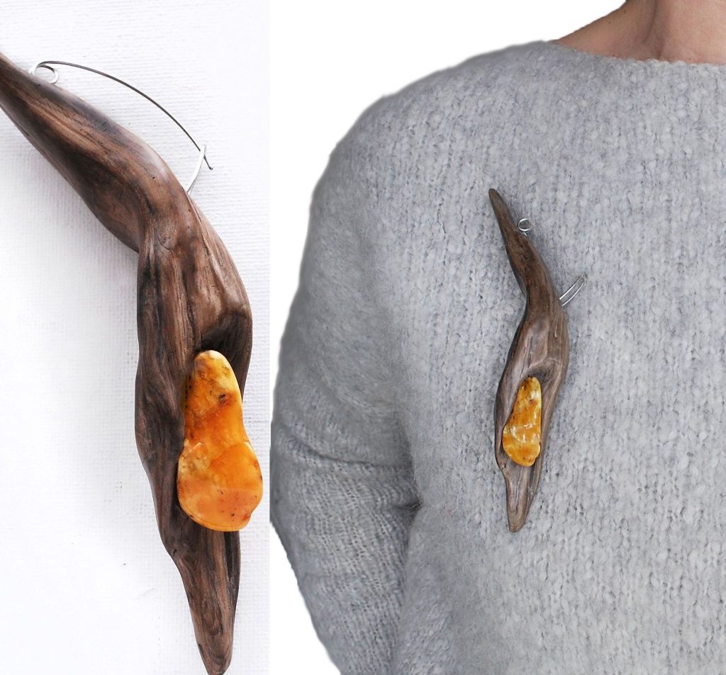 Natural Amber in driftwood statement brooch