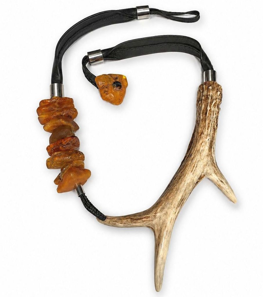 Naturalist statement necklace with raw Amber and Deer antlers