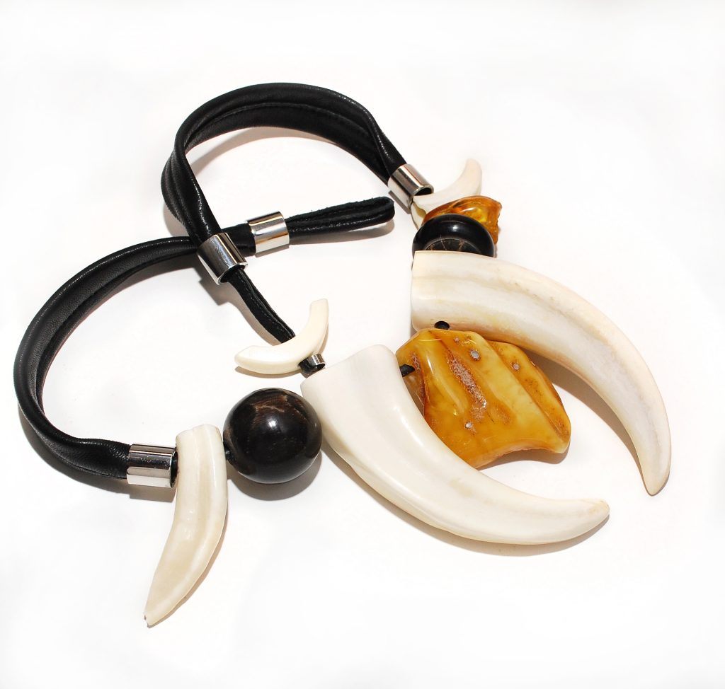 Contemporary Tribal Necklace with Massive Amber Stone and Warthog Tusks